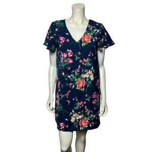 Everly Navy Floral Flutter Sleeve V-Neck Mini Dress Pink Coral Rose Print  USA S